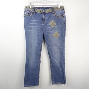 Vintage Y2K American Star Green Crochet Bedazzled Cropped Blue Jeans Size Large